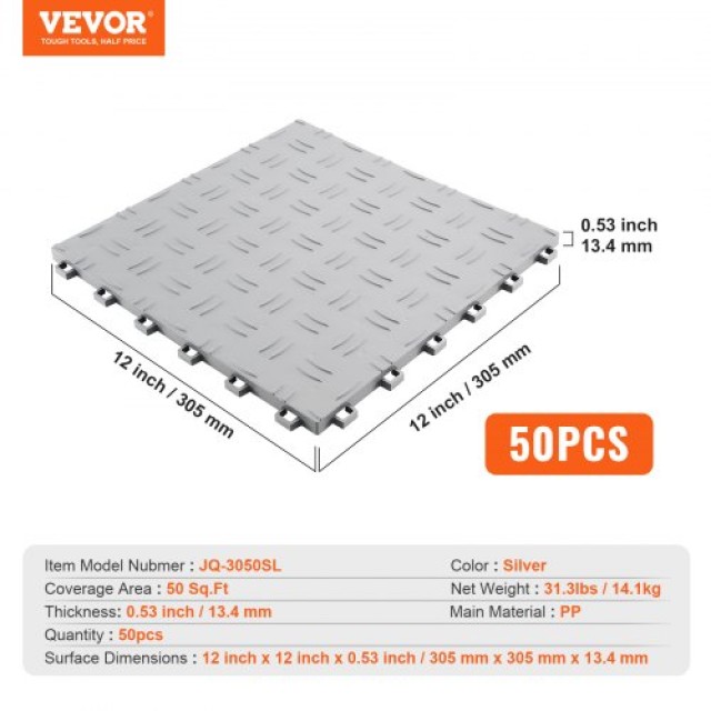 Πλακάκια Γκαράζ VEVOR, 12x12x0.53, 50τμχ, Αντιολισθητικά, Ασημί  CKDDYSJ501212KFBGV0
