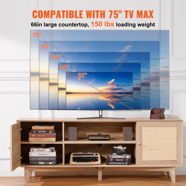 Ρατάν TV Σταντ 191cm Boho TV Ντουλάπι Δρυς - VEVOR  TBDSJ66INCHEOANELV2