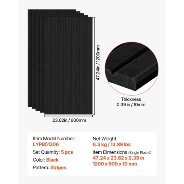 VEVOR Σετ 5 Αυτοκόλλητα Ακουστικά Πάνελ 120x60x1 εκ. Μαύρο JZGYBHST...