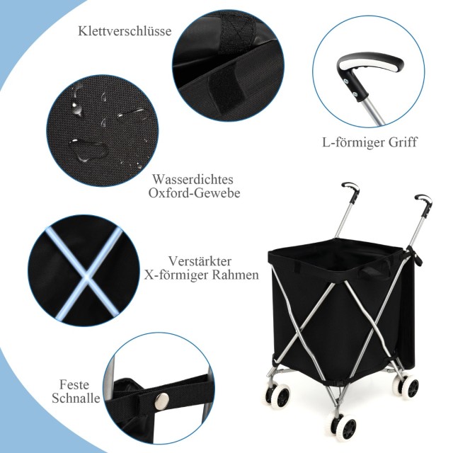 Costway Πτυσσόμενο Καρότσι Αγορών με Ρόδες 66 x 46 x 94,5 cm Μαύρο ...