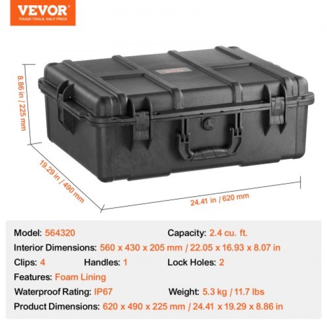 VEVOR Αδιάβροχη Σκληρή Θήκη 2.4 Cu.ft με Χειρολαβές και Αφρό  FFYSTX2025CU96KGUV0