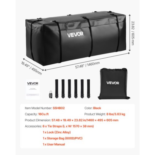 VEVOR Αδιάβροχη Τσάντα Φορτίου για Κοτσαδόρο 16 Cu.ft PKHB16CUFTGPQ...
