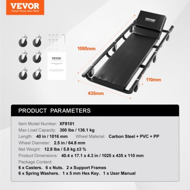 VEVOR 40 Μηχανικός Καροτσάκι 300 lbs Αυτοκινητιστικό Καροτσάκι  BKZDXCTBYXJ4ZXI52V0