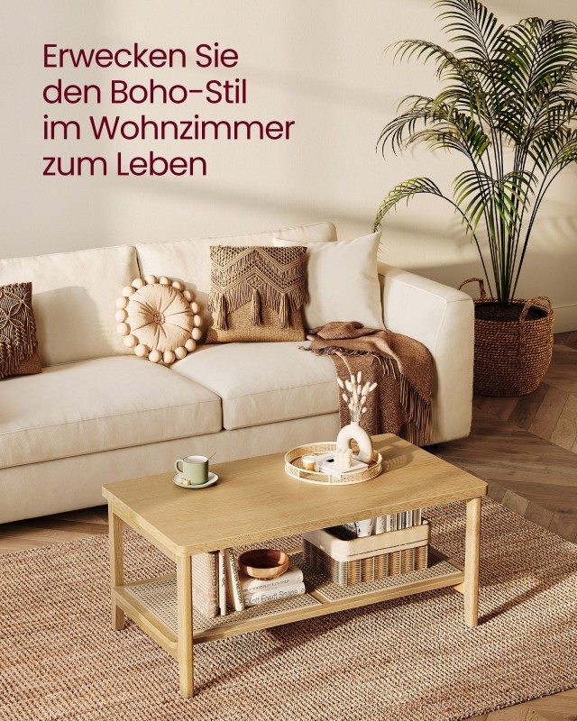 Τραπεζάκι Καφέ 2 Επιπέδων με Αποθήκευση, Boho Στυλ, Δρύινο Μπεζ 55 x 100 x 45 cm LCT240Y57 VASAGLE