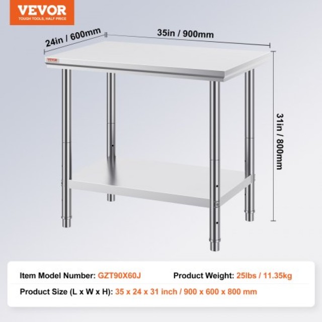 Τραπέζι Εργασίας VEVOR 60x90x80cm Ανοξείδωτο με Κάτω Ράφι για Επαγγελματική Κουζίνα  60X90X80CFGZT0001V0