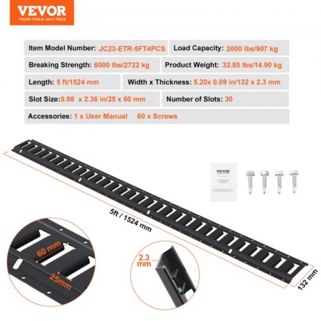 Σετ Δεσίματος VEVOR E Track, 4τμχ, 5 Ατσάλινοι Οδηγοί, 907kg Φορτίο  HSFMTCEXXJGD2591IV0