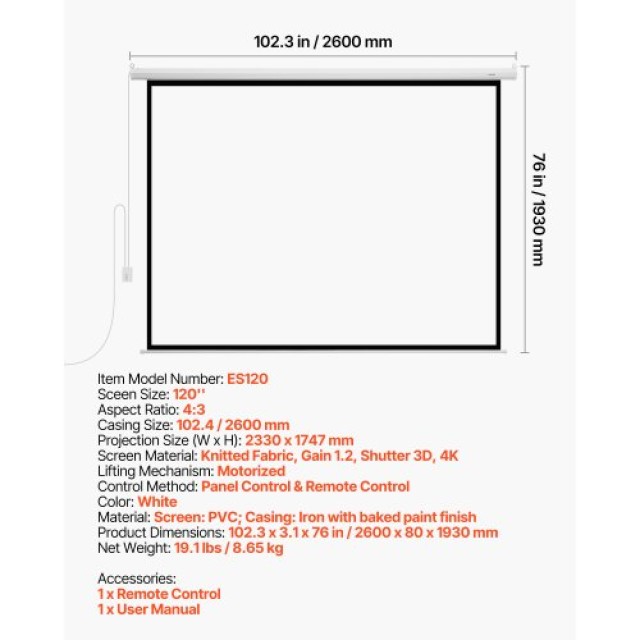 VEVOR Ηλεκτρική Οθόνη Προβολής 1080 HD 3048 mm 4:3 με Τηλεχειριστήρ...