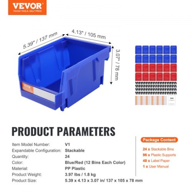 VEVOR Πλαστικά Κάδοι Αποθήκευσης, 5x4x3 ιντσών, Κρεμαστοί Στοιβαζόμενοι Οργανωτές, Μπλε/Κόκκινο, Σετ 24, Βαρέως Τύπου για Οργάνωση Ντουλάπας, Κουζίνας, Γραφείου ή Ντουλάπας  DDWLX24J0000UOOGSV0
