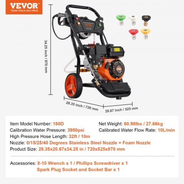 VEVOR  Πλυστικό Μηχάνημα Βενζίνης 3950 PSI 10L/λεπτό 2.6 GPM με 5 Ακροφύσια για Αυτοκίνητα RYGYQXJTBLS1HKY35V0