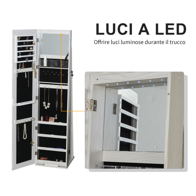 HOMCOM Καθρέφτης Κοσμηματοθήκη LED με Ράφια, 38x38x157 cm, Λευκός 8...