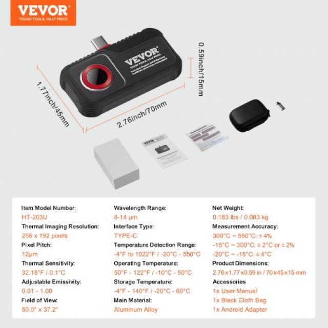 VEVOR Θερμική Κάμερα για Android με Ανάλυση Υπέρυθρων 256x192 και Ρυθμό Ανανέωσης 25Hz KDSRCXY25619HODHKV0