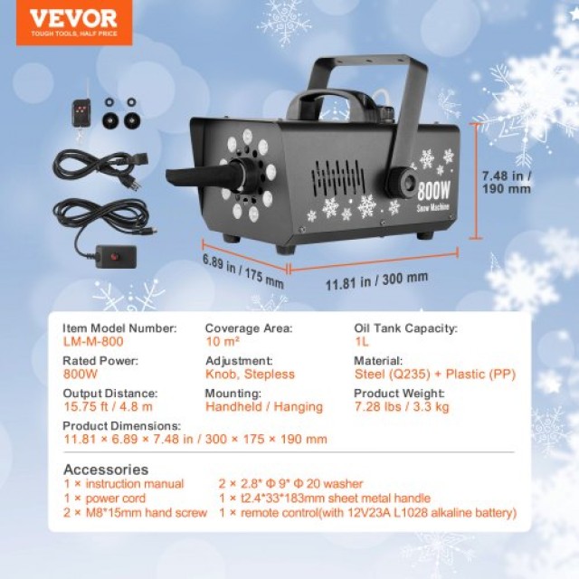 VEVOR  Φορητή Μηχανή Χιονιού 800W με LED για Γιορτές XHJXP800WSCXUT...