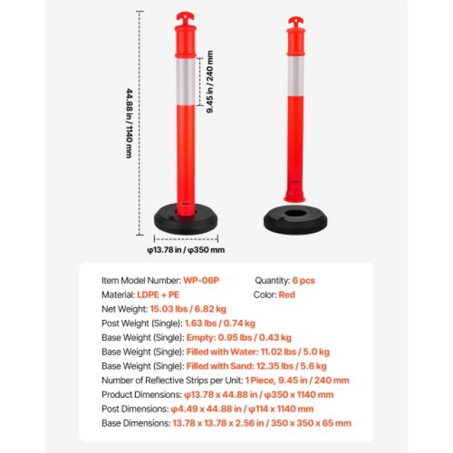VEVOR Σετ 6 Πολοί Οριοθέτησης Κυκλοφορίας 1140 mm με Γεμιζόμενη Βάσ...