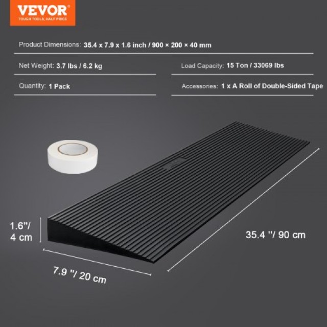 VEVOR  Ράμπα Κατωφλίου 1.6 για Ρομπότ Σκούπας, 35.4 Φαρδιά Λαστιχένια Ράμπα Αμαξιδίου, Αντιολισθητική με Ταινία Διπλής Όψης SXSNLYPDGB1351X9MV0