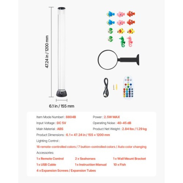 VEVOR Λάμπα Γυάλινου Σωλήνα 16 Χρωμάτων 4 ft Αισθητηριακό Ενυδρείο ...