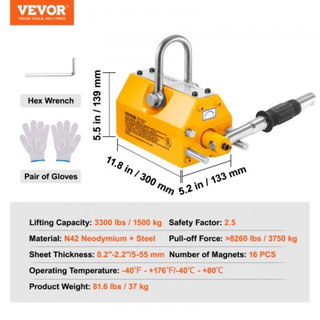 Μαγνητικός Ανυψωτήρας VEVOR 1500kg, Μόνιμος Μαγνήτης για Γερανό  YCXU1500KGN42GXLAV0