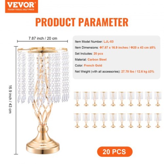 VEVOR  20 τεμ. 43cm Κρυστάλλινη Βάση Λουλουδιών για Γάμο/Διακόσμηση...