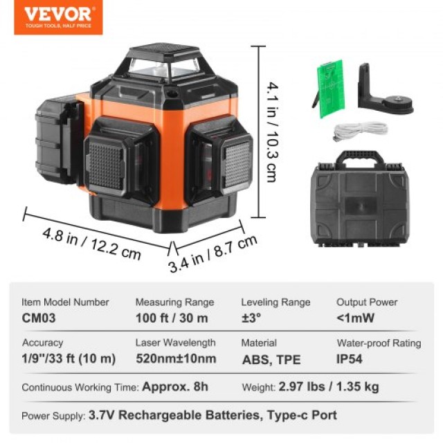 VEVOR Πράσινο Αλφάδι Λέιζερ 100ft Αυτοεπιπεδούμενο Υψηλής Ακρίβειας  XJGSPY100FT123N5IV9