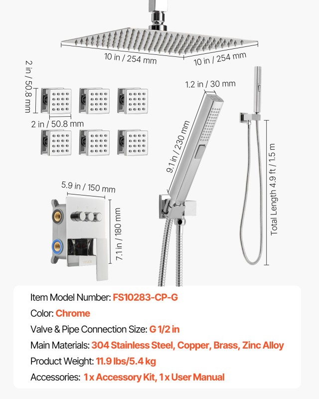 VEVOR Σετ Ντους Οροφής 254 mm με 6 Τζετ Σώματος και Πολυλειτουργικό...