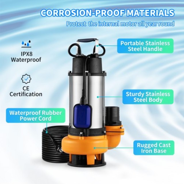 Αντλία Βυθιζόμενη VEVOR 2200W, 60000L/H, με 10μ Καλώδιο & Αυτόματο ...