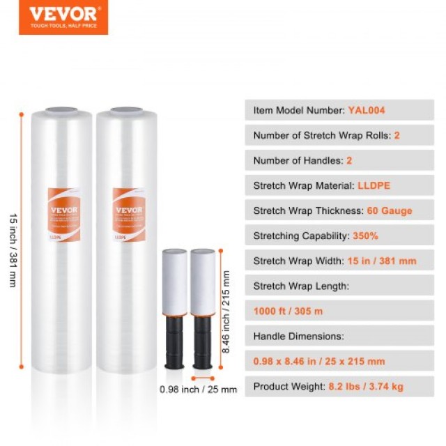 VEVOR Διάφανη Μεμβράνη Συσκευασίας 15x1000, 2τμχ, 60 Gauge με Λαβές  LSM15INCH100UW1T0V0