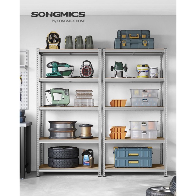 SONGMICS Βαρέως Τύπου 5-Επίπεδες Μονάδες Ραφιών από Ατσάλι, Σετ των 2 – Ασημί, 50 x 100 x 200 εκ., GLR050E02