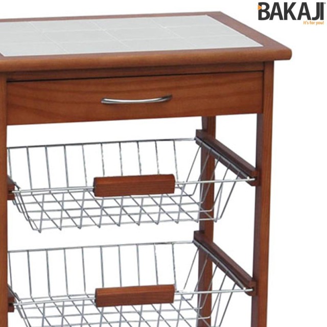 BAKAJI  Ξύλινο καρότσι κουζίνας με 3 καλάθια από ατσάλι και ράφι με...