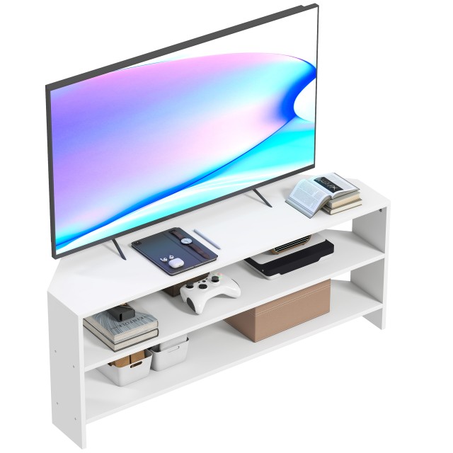 HOMCOM Γωνιακή Βάση Τηλεόρασης 110x36x45 cm με 2 Ανοιχτά Ράφια, Λευ...