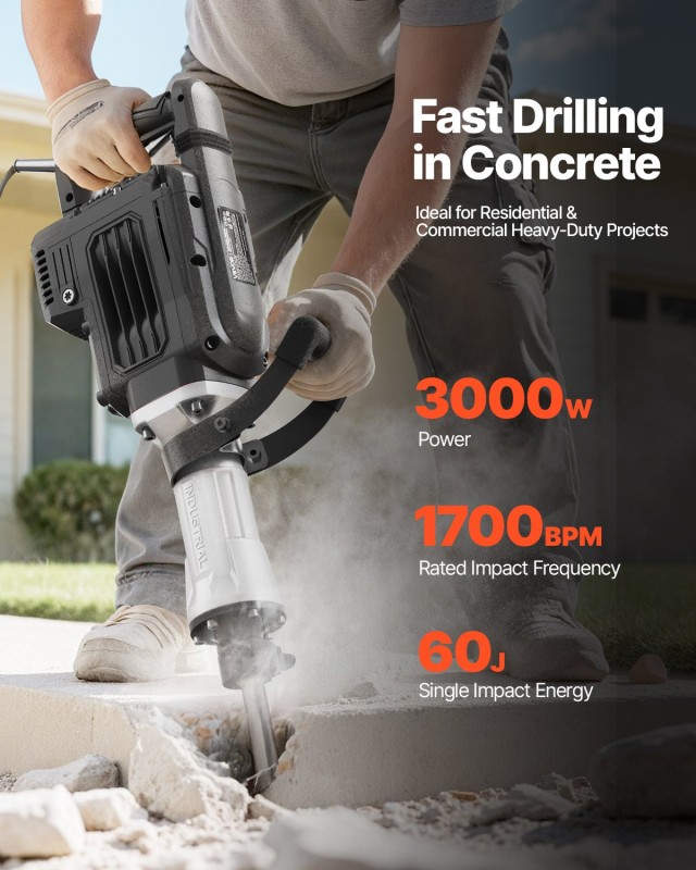 VEVOR 3000W Ηλεκτρικό Σφυρί Κατεδάφισης, 1700 BPM, 672 x 237 x 131 ...