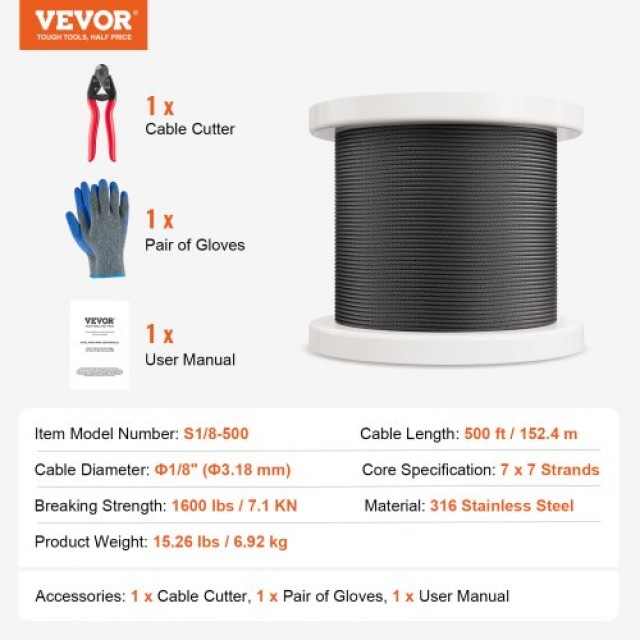 VEVOR  Καλώδιο Ανοξείδωτο T316 1/8 7x7 500 ft για Κάγκελα FHGSSFH31618GCIQIV0