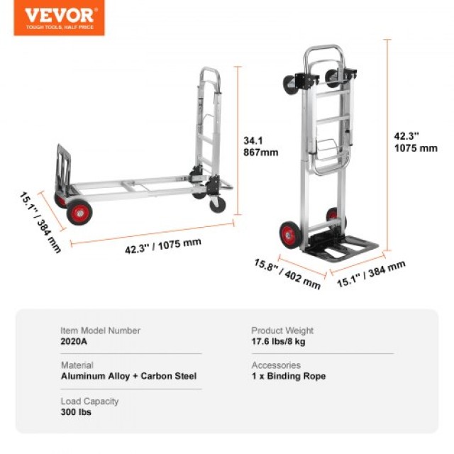 VEVOR Αλουμινένιο Καρότσι 2 σε 1, 400 lbs, Βιομηχανικό Καρότσι & Πλατφόρμα με Λαστιχένιες Ρόδες  DGNSTHC400BEDKOJOV0