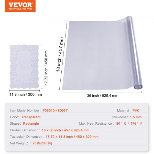 Διαφανές Προστατευτικό Τραπεζιού VEVOR, 18 x 36, 1.5 mm PVC, Αδιάβροχο Κάλυμμα Τραπεζιού  ZFXZBYCTMSPVCVCZAV0