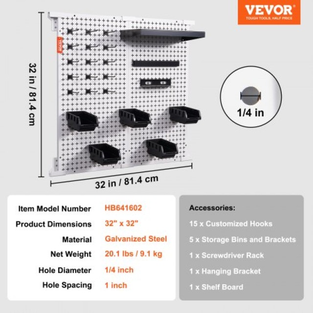 Οργανωτής Τοίχου VEVOR Pegboard 32 x 32, 330LBS Φορτίο, Μεταλλικός Οργανωτής Τοίχου για Γκαράζ με 25 Τεμάχια Αποθήκευσης Εργαλείων  GJ16X32INCH26MT97V0