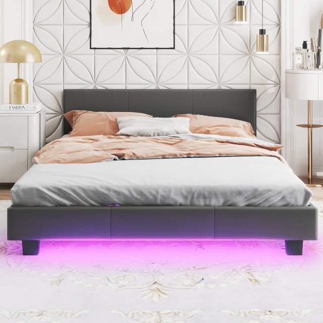 Costway 140 x 200 cm Κρεβάτι με LED Φωτισμό Υφασμάτινο Κρεβάτι με Τ...