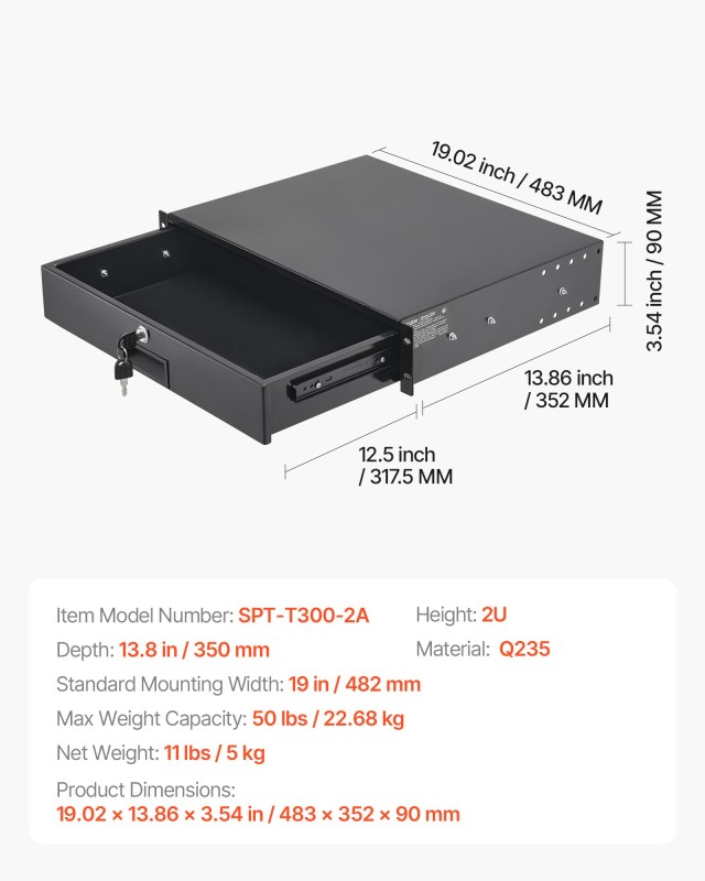 VEVOR Συρτάρι Rack 2U, 19 ιντσών, με Κλείδωμα και Οπές Διαχείρισης ...