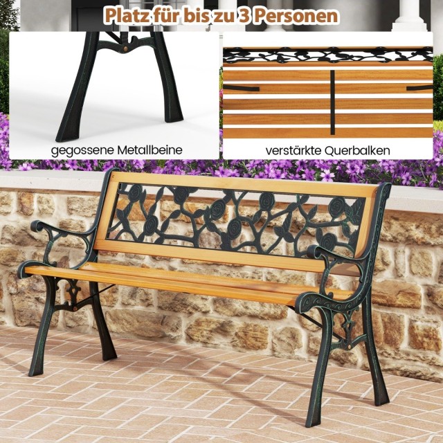 Costway παγκάκι κήπου με μεταλλικό σκελετό & ξύλινο κάθισμα Εργονομικό παγκάκι για 3 άτομα 127,5 cm μήκος NP11222
