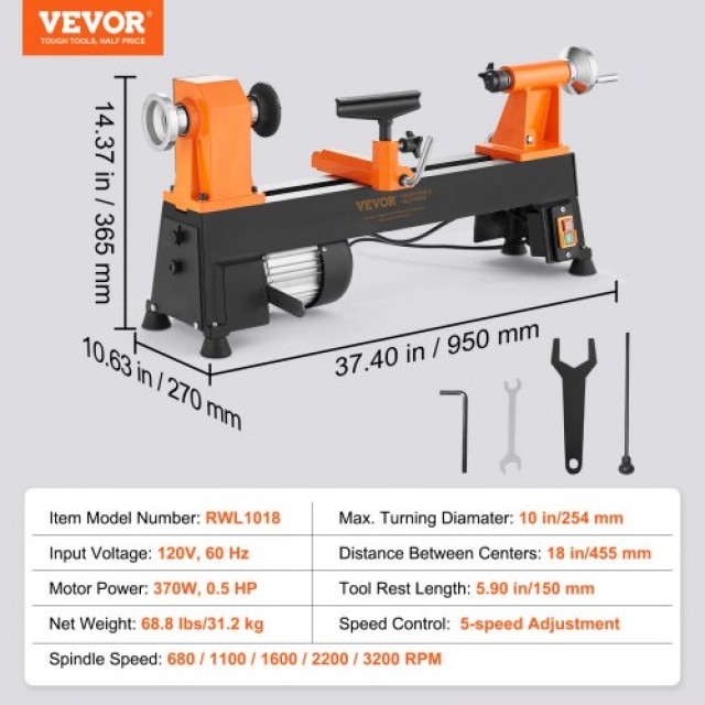 VEVOR Επιτραπέζιο Ξυλότορνος 10x18, 0.5 HP, 5 Ταχύτητες για Ξυλουργική  TSMGCCT1805HPDPOXV2