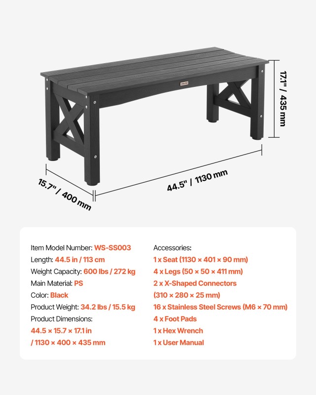 VEVOR Μαύρο Αδιάβροχο Παγκάκι Εξωτερικού Χώρου 113 cm GYZYSLHSWKBYU...