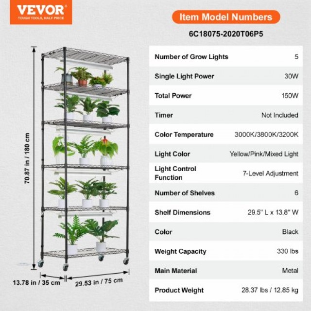 VEVOR  Ράφι Φυτών με Φώτα Ανάπτυξης 6 Επιπέδων 150W 180cm Ύψος GNZW...