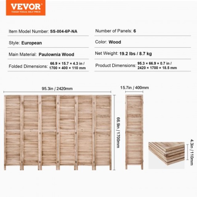 VEVOR  Φορητό Ξύλινο Διαχωριστικό Δωματίου 6 Πάνελ MZPF6MBWGBOSGULULV0