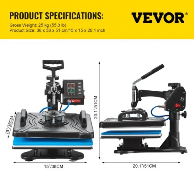 VEVOR Πρέσα Θερμότητας 12x15 10 σε 1 για Μπλουζάκια, Κούπες & Καπέλα  DGNTHJSHY2938HSO1V2