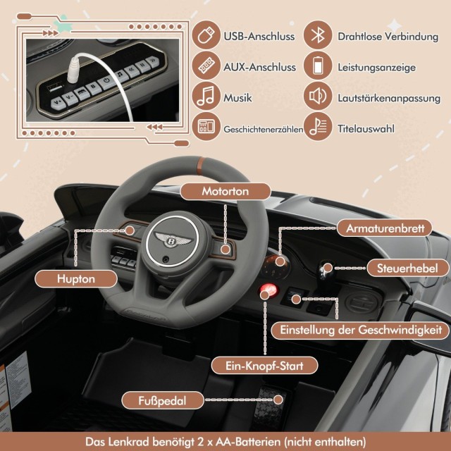 Costway  Παιδικό Ηλεκτροκίνητο Αυτοκίνητο Bentley Bacalar με Γονικό Έλεγχο και Πολυλειτουργικό Πίνακα Ελέγχου TQ10191DE-DK