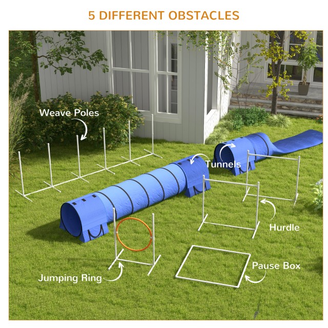 PawHut Agility Dog Σετ 7 τεμαχίων με σφυρίχτρα και τσάντα μεταφοράς, σε πλαστικό και ABS, 89x69x99 cm, λευκό πορτοκαλί μπλε D07-044V00BU