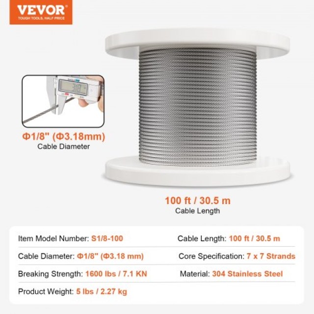 VEVOR  Καλώδιο Ανοξείδωτου Χάλυβα T304 1/8 7x7 100 ft για Κάγκελα BXGGSSBXG304SDKE0V0