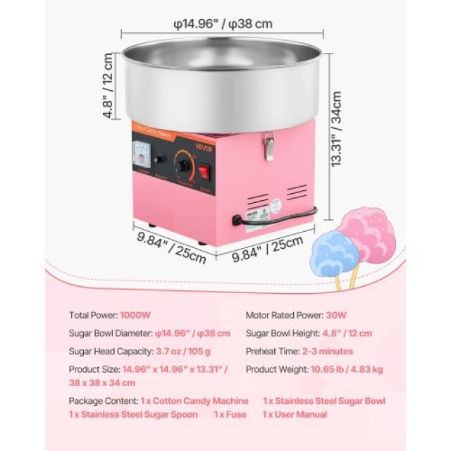 VEVOR Ηλεκτρική Μηχανή Μαλλιού της Γριάς 1000W Ροζ TSXXHMHTJFSWJIIO...