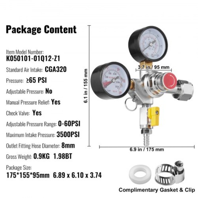 VEVOR  Ρυθμιστής CO2 Διπλού Μετρητή, 0-60 PSI, Βαρέως Τύπου, Ρυθμιζόμενος για Μπύρα, CGA320  YJDJQ21CGA320TZJTV0
