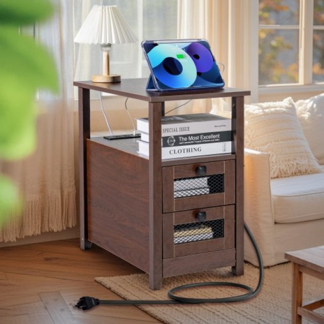VEVOR  Στενό Κομοδίνο με USB & Πρίζες Καφέ  BSBZ1JTBKFZXNV69LV2