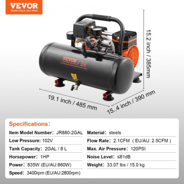 Φορητός Αεροσυμπιεστής VEVOR 2L 8bar χωρίς Λάδι  WYWSKYJ8L750PU481V2