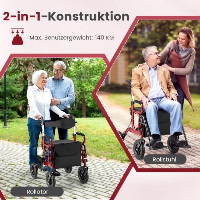Costway Πτυσσόμενος Ελαφρύς Rollator με Φουσκωτούς Τροχούς και Κάθισμα 2 σε 1 Καροτσάκι & Ταξιδιωτικός Rollator Κόκκινο JH10028RE