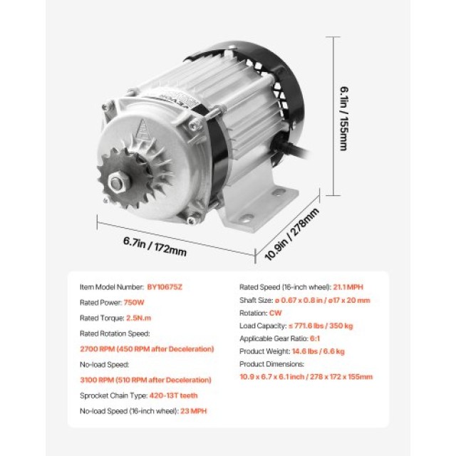 VEVOR Σετ Ηλεκτρικού Κινητήρα Χωρίς Ψήκτρες 750W 48V 2700rpm με Αναβαθμισμένο Ελεγκτή ZLWSDJTJ750WXOI9PV9